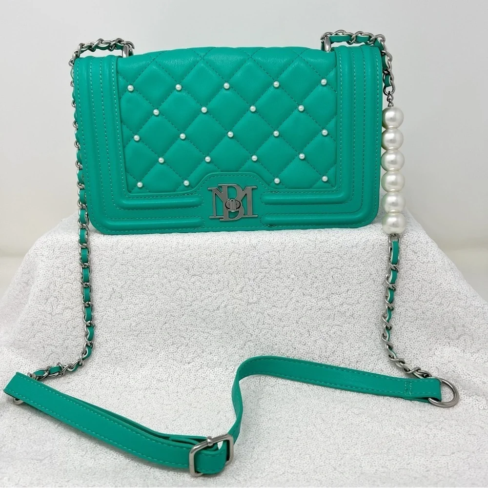 Badgley Mischka Crossbody Purse front quilted pearl studded green